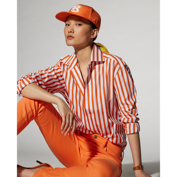 Ralph Lauren Capri Striped Cotton Shirt In Poppy Orange/white