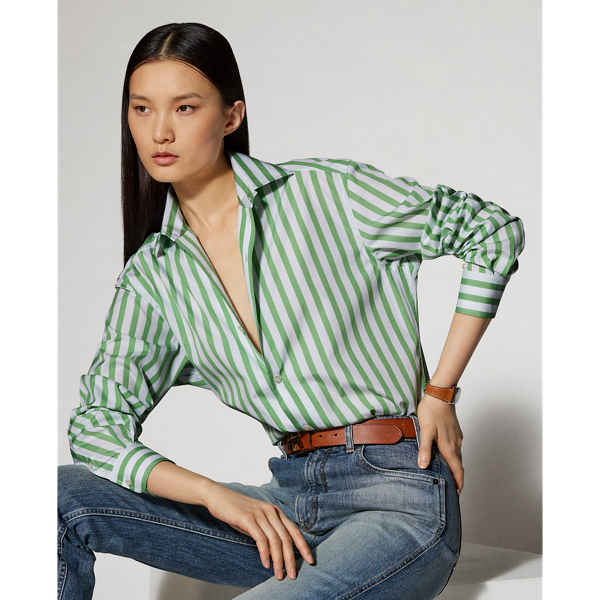 Ralph Lauren Striped Cotton Shirt In Mint/white