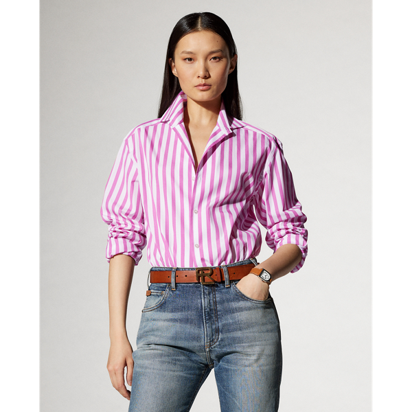 Ralph Lauren Striped Cotton Shirt In Bubblegum Pink/white