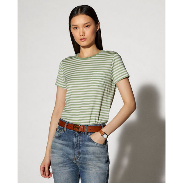 Ralph Lauren Striped Crewneck Pocket Tee In Mint/off White