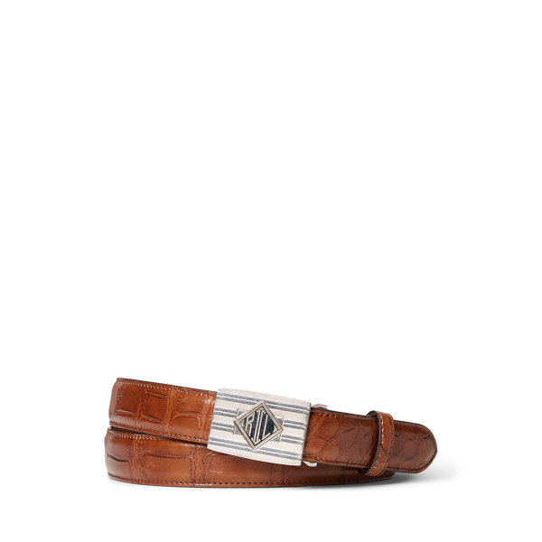 Shop Ralph Lauren Purple Label Monogram-buckle Burnished Alligator Belt In Tan