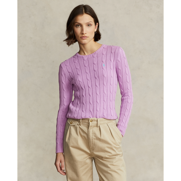 Ralph Lauren Cable-knit Cotton Crewneck Sweater In Soft Lilac