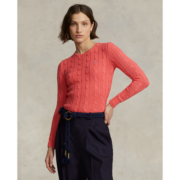 Ralph Lauren Cable-knit Cotton Crewneck Sweater In Ruby Coral