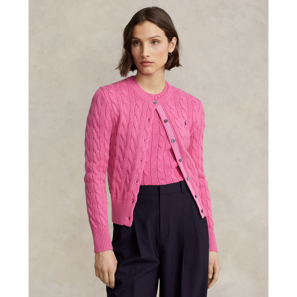 Ralph Lauren Cable-knit Cotton Crewneck Cardigan In Hot Fuschia