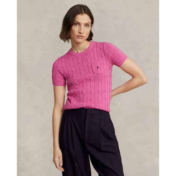 Polo Ralph Lauren Cable-knit Cotton Short-sleeve Sweater In Hot Fuschia