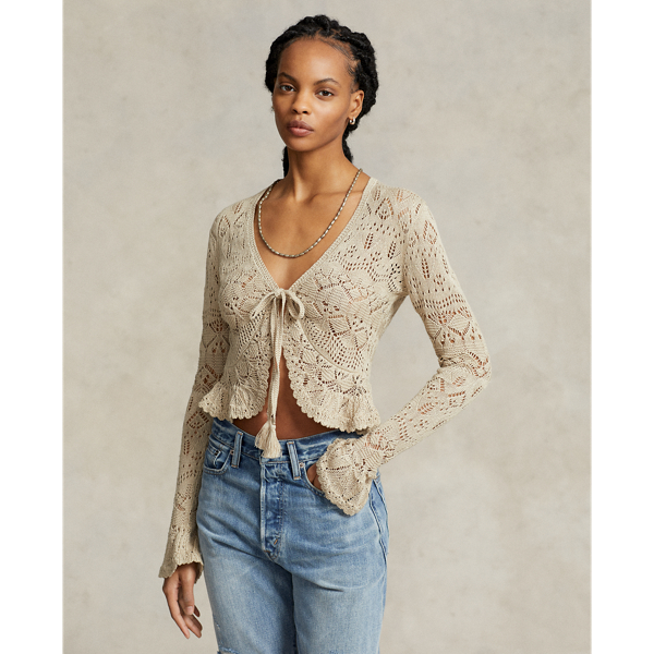 Ralph Lauren Cropped Pointelle Linen blend Cardigan In Tan ModeSens