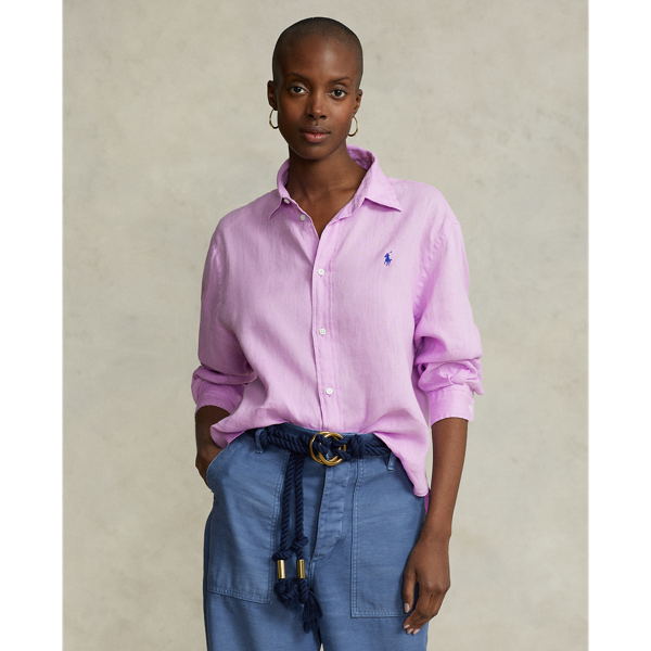 Polo Ralph Lauren Cropped Relaxed Fit Linen Shirt In Soft Lilac