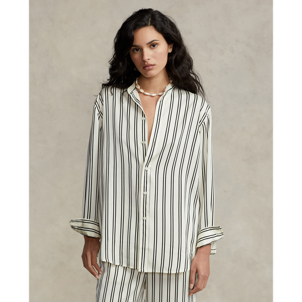 Polo Ralph Lauren Oversize Striped Satin Shirt In Black/cream Stripe