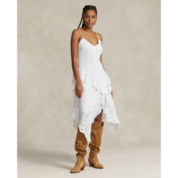 POLO RALPH LAUREN ASYMMETRICAL BATTENBERG-LACE LINEN DRESS 