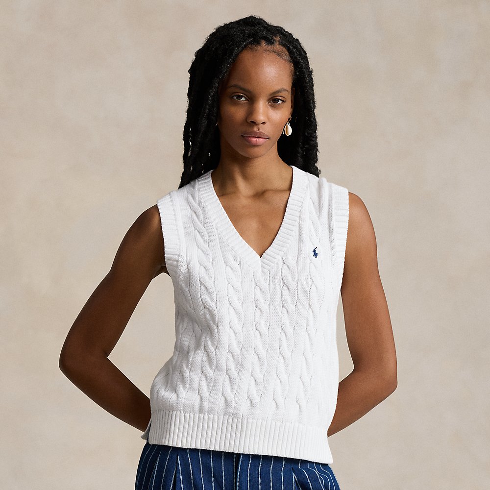 Ralph Lauren Cable-knit Cotton V-neck Jumper Waistcoat In White