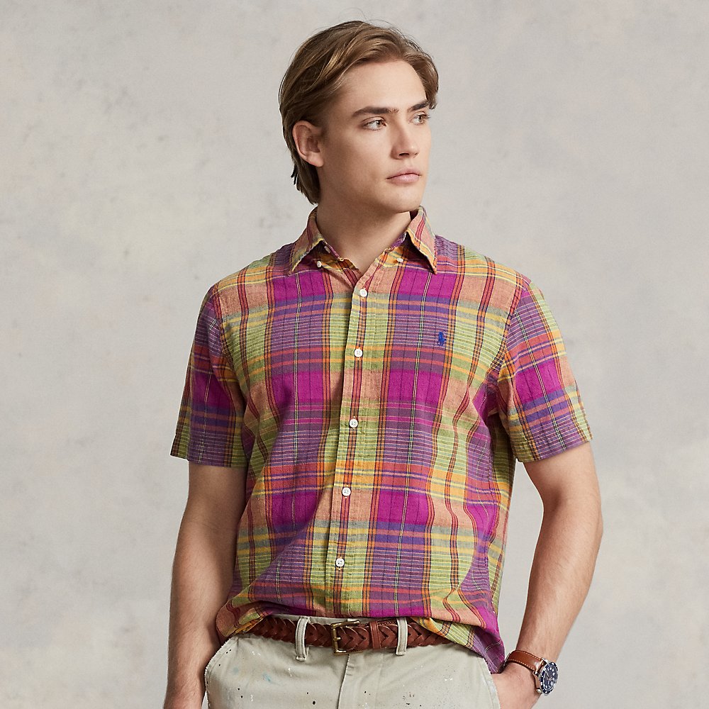 Classic Fit Plaid Linen-cotton Shirt In Magenta/olive Multi