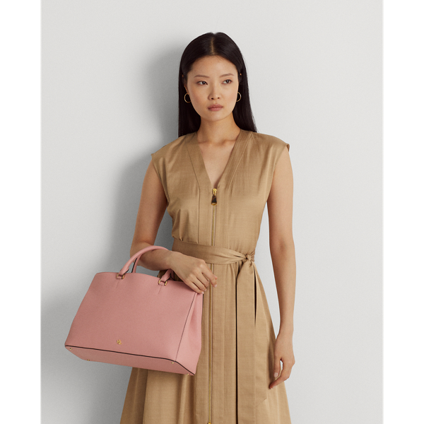 Ralph Lauren Lauren  Crosshatch Leather Large Hanna Satchel Woman Handbag Light Pink Size - Bovine Le In Rose Tan