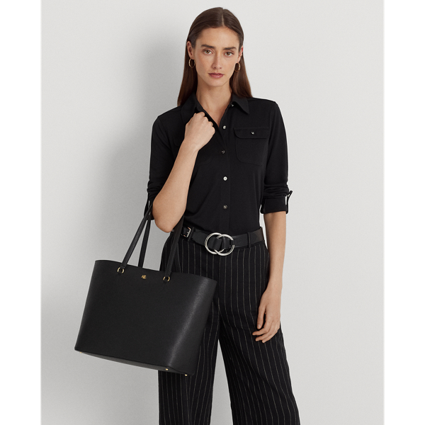 Lauren Ralph Lauren Crosshatch Leather Large Karly Tote In Black