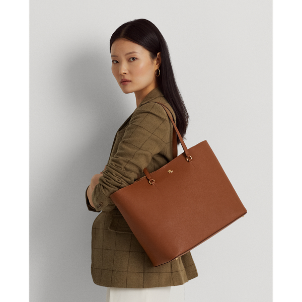 Ralph Lauren Crosshatch Leather Large Karly Tote In Tan