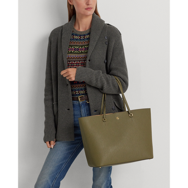 Ralph Lauren Crosshatch Leather Large Karly Tote In Olive Fern