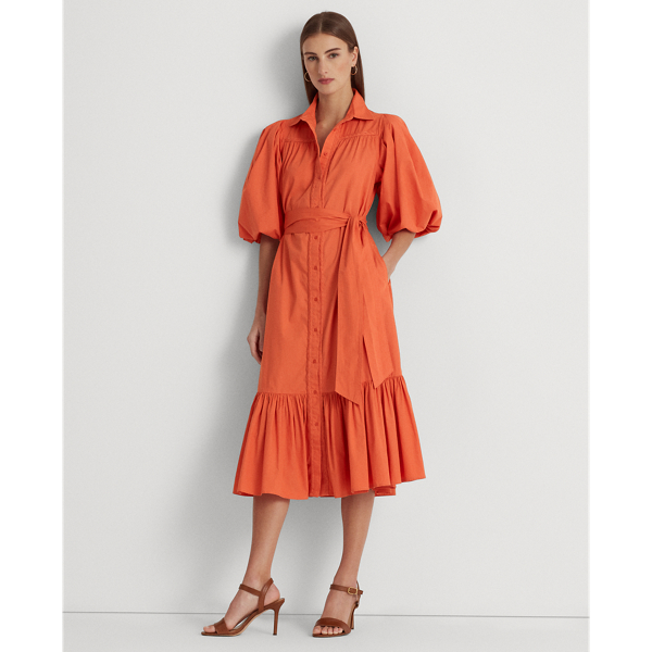 Ralph Lauren Belted Cotton Bubble-sleeve Shirtdress In