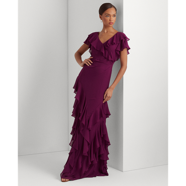 Lauren Petite Ruffle trim Crinkle Georgette Gown In Plum Caspia ModeSens