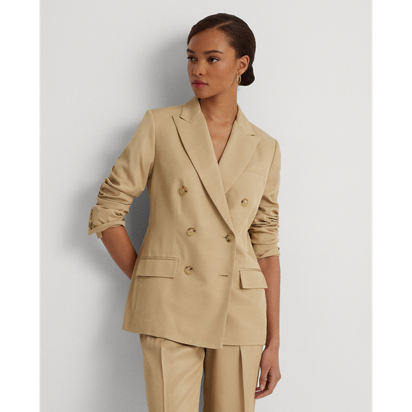 Lauren Petite Double breasted Twill Blazer In Birch Tan ModeSens