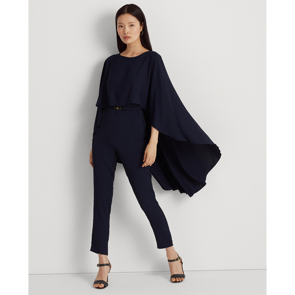 Lauren Ralph Lauren Belted Cape Georgette Jumpsuit In Lighthouse Navy