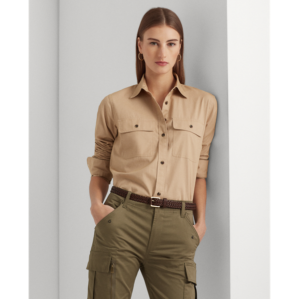 Ralph Lauren Leather-trim Featherweight Twill Shirt In Birch Tan