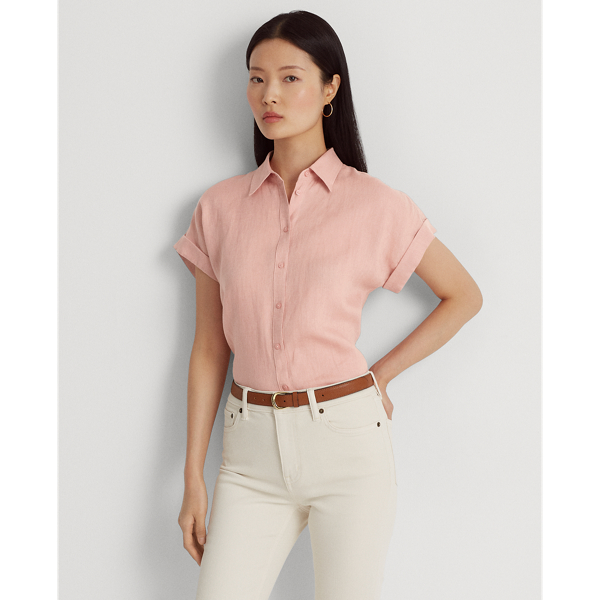 Lauren Petite Linen Short-sleeve Shirt In Rose Tan