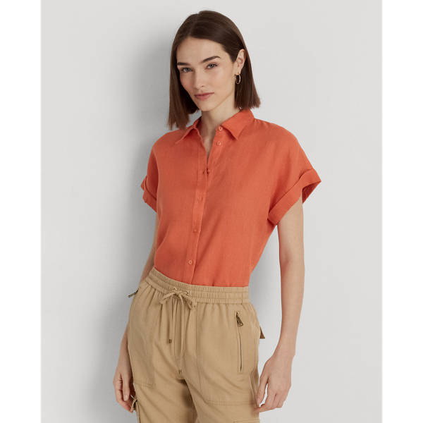Lauren Petite Linen Short-sleeve Shirt In Canyon Orange