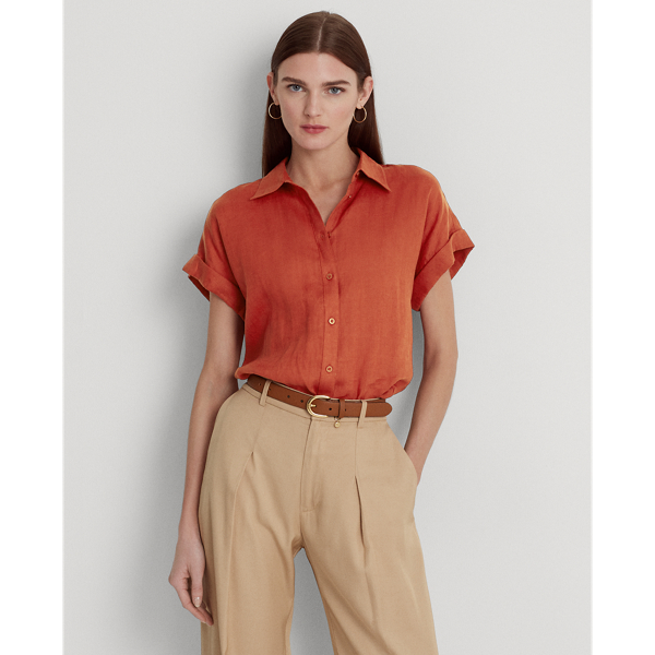 Lauren Petite Linen Short-sleeve Shirt In Red Sunstone