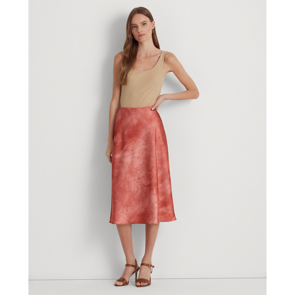 Lauren Petite Tie-dye-print Satin Skirt In Red Sunstone Multi