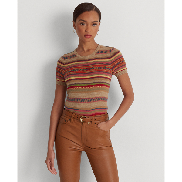 Lauren Petite Fair Isle Striped Short sleeve Sweater In Multi