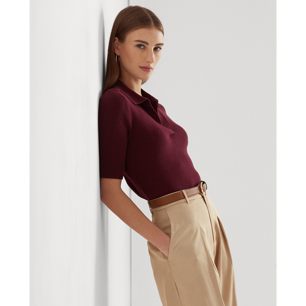 RALPH LAUREN RIB-KNIT COTTON-BLEND POLO SWEATER
