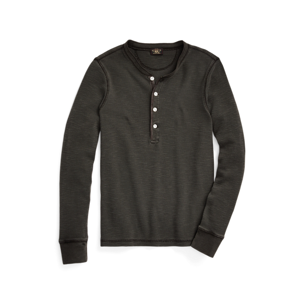 Double Rl Stretch Cotton Jacquard Waffle Henley In Faded Black