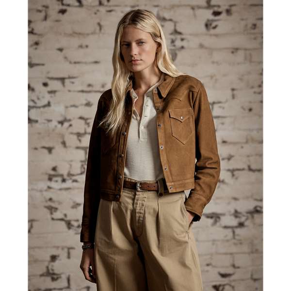 Sueded sheepskin jacket with a waist-length fit. Accented with chest pockets and Western-style yokes. Snapped placket and cuffs.
