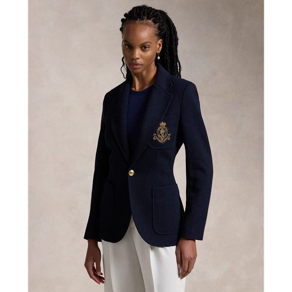 Ralph Lauren Logo-crest Knit Blazer In Park Avenue Navy