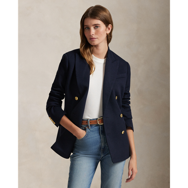 Shop Ralph Lauren Knit Double-breasted Blazer In Park Avenue Navy