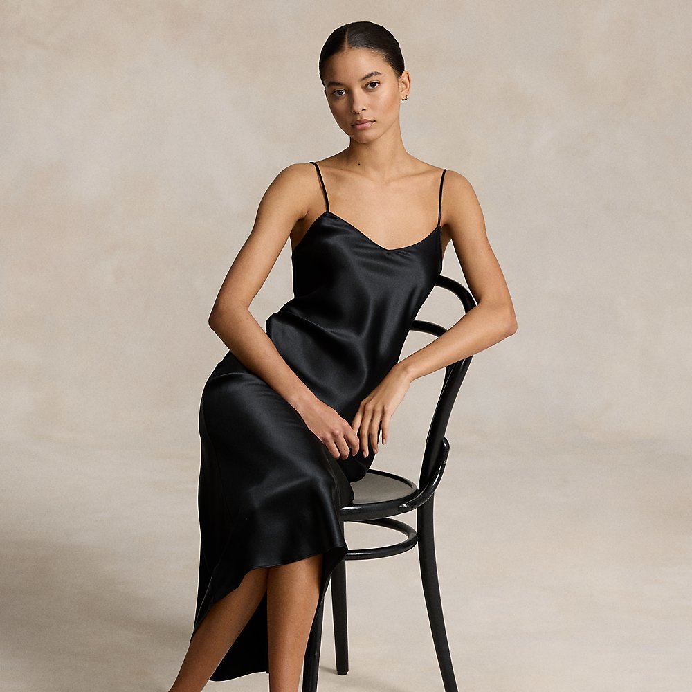 Ralph Lauren Silk Midi Slip Dress In Polo Black