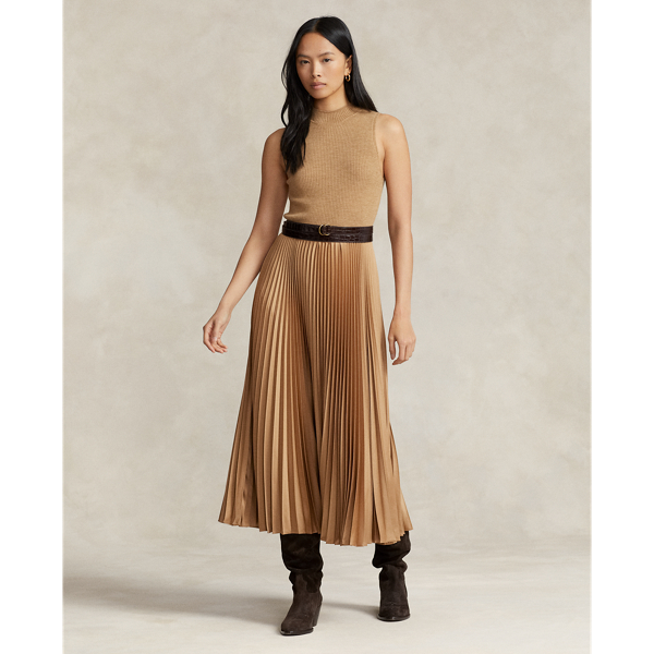 Ralph Lauren Pleated Sleeveless Mockneck Dress In Collection Camel