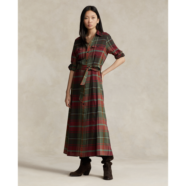 Polo Ralph Lauren Belted Plaid Cotton-blend Dress In Red