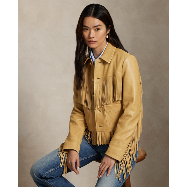 Ralph Lauren Fringe Waxed Leather Jacket In Tan