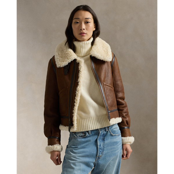 Ralph Lauren Leather-trim Shearling Aviator Jacket In Brown/cream