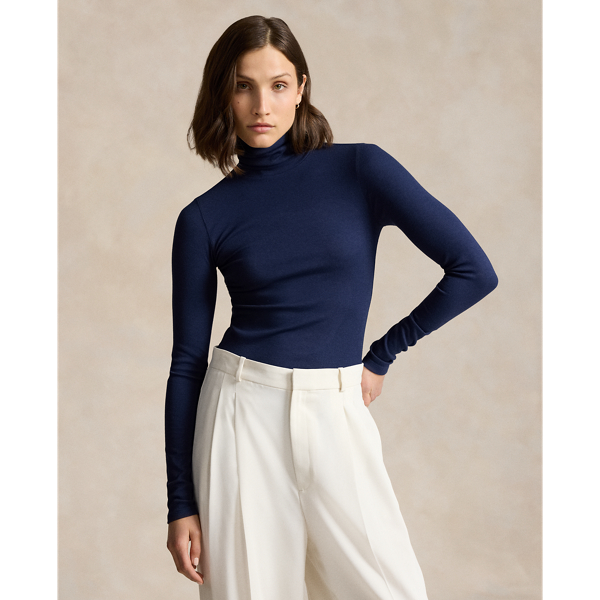 Ralph Lauren Stretch Ribbed Turtleneck In Newport Navy