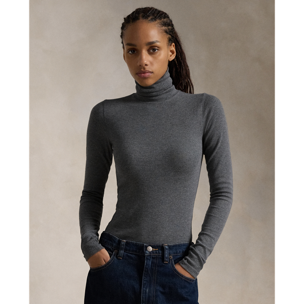 Ralph Lauren Stretch Ribbed Turtleneck In Medium Flannel Heather