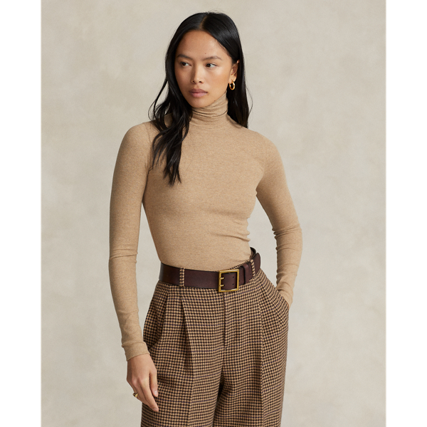 Ralph Lauren Stretch Ribbed Turtleneck In Warm Brown Heather