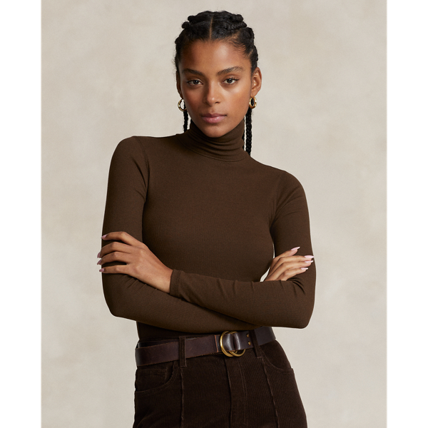 Ralph Lauren Stretch Ribbed Turtleneck In Dark Brown