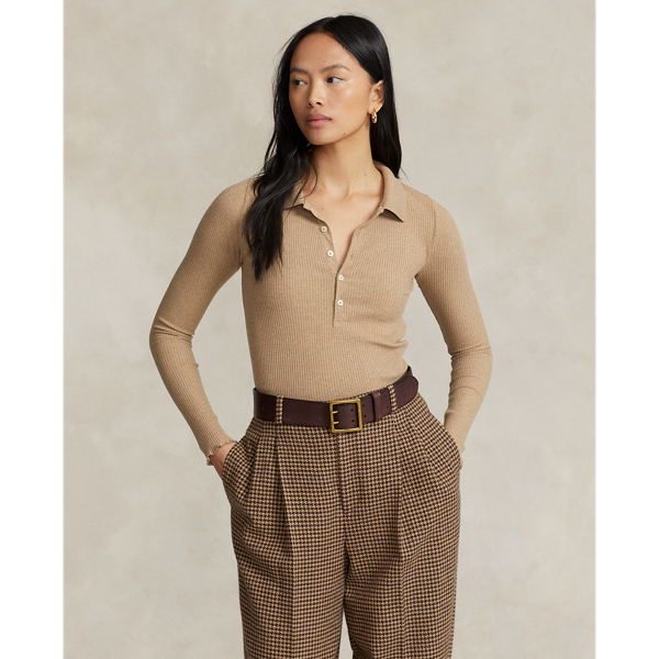 Polo Ralph Lauren Ribbed Long-sleeve Polo Shirt In Warm Brown Heather