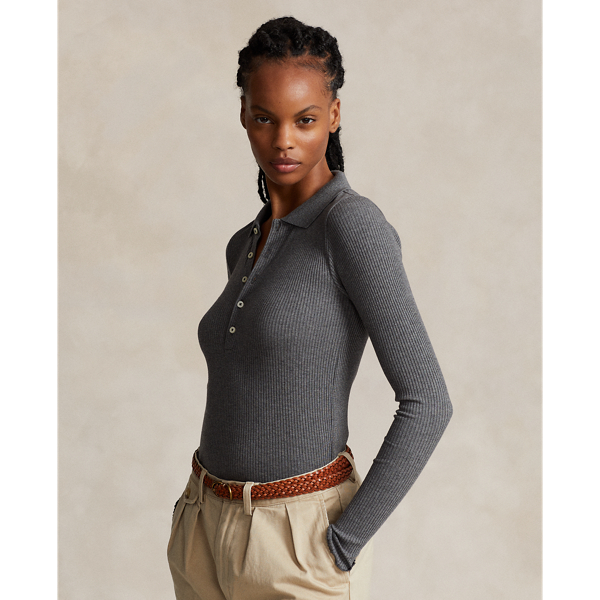 Polo Ralph Lauren Ribbed Long-sleeve Polo Shirt In Stadium Heather Grey
