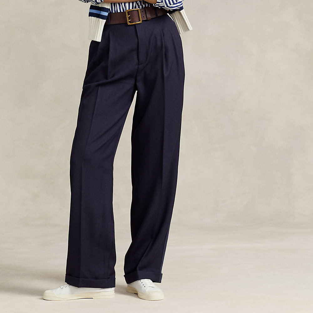 Ralph Lauren Relaxed Fit Pleated-front Wool Pant In Navy