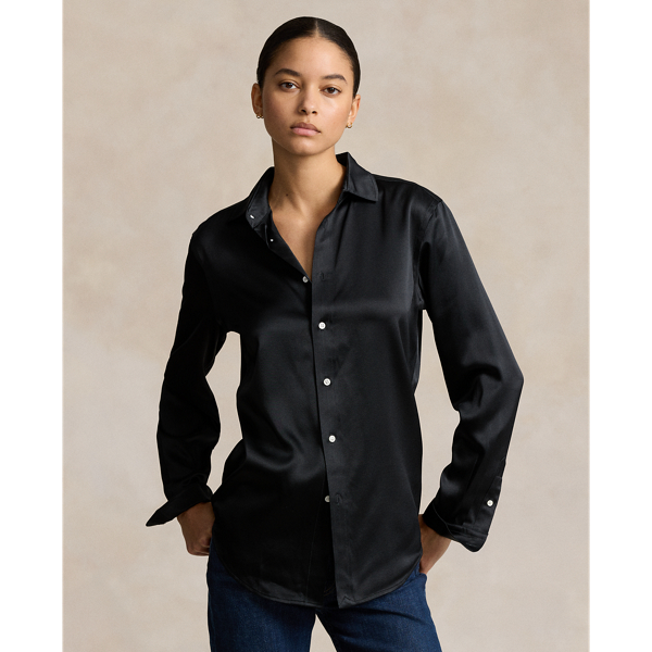Shop Ralph Lauren Slim Fit Silk Shirt In Polo Black