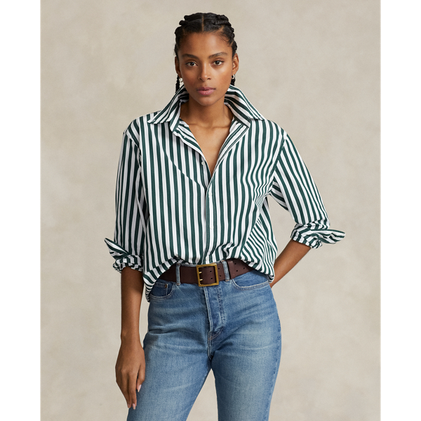 Polo Ralph Lauren Relaxed Fit Striped Cotton Shirt In Olive/white Stripe