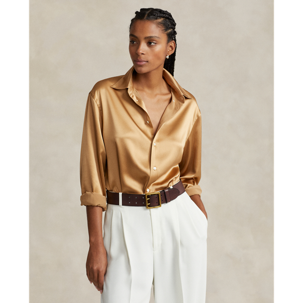 Ralph Lauren Relaxed Fit Silk Charmeuse Shirt In Classic Camel