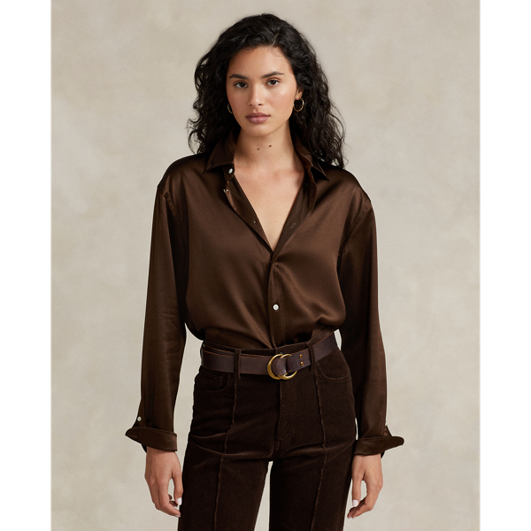 Ralph Lauren Relaxed Fit Silk Charmeuse Shirt In Dark Brown